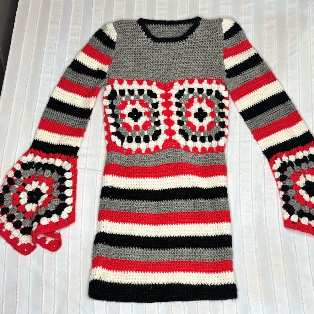 Striped Crochet Dress with Flared Sleeves